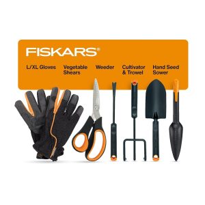 Fiskars 6-Piece Vegetable Backyard Device Set: Contains Vegetable Shears, Seed Sower, Trowel, Cultivator, Weeder, and L/XL Backyard Gloves for Indoor and Outside Gardening