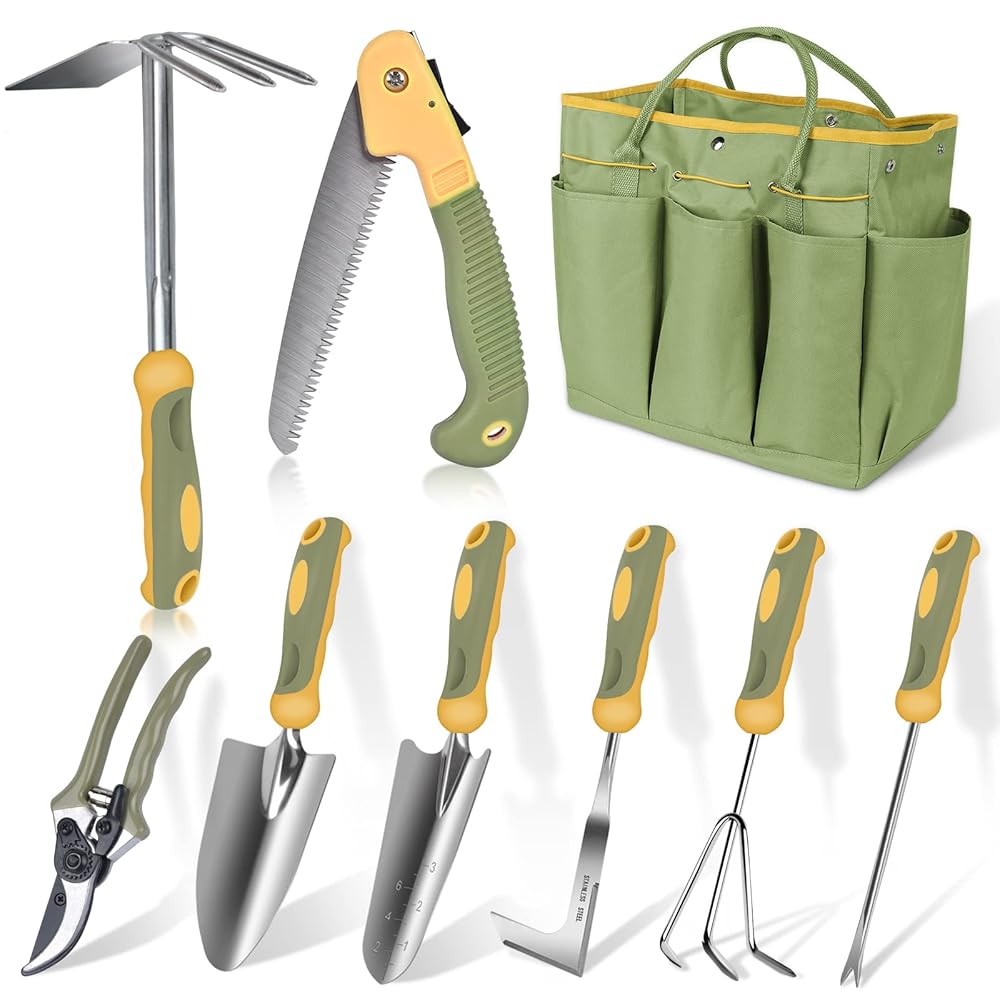 WisaKey 9-Piece Stainless Metal Heavy-Obligation Backyard Instrument Set with Deal with, Consists of Sturdy Backyard Instrument Bag – Good Gardening Hand Instruments and Reward for Males and Girls